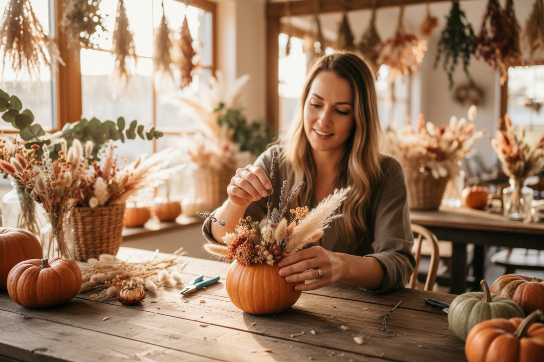 Beginner arranging dried flowers on a pumpkin at a floral workshop in Irvine, Orange County