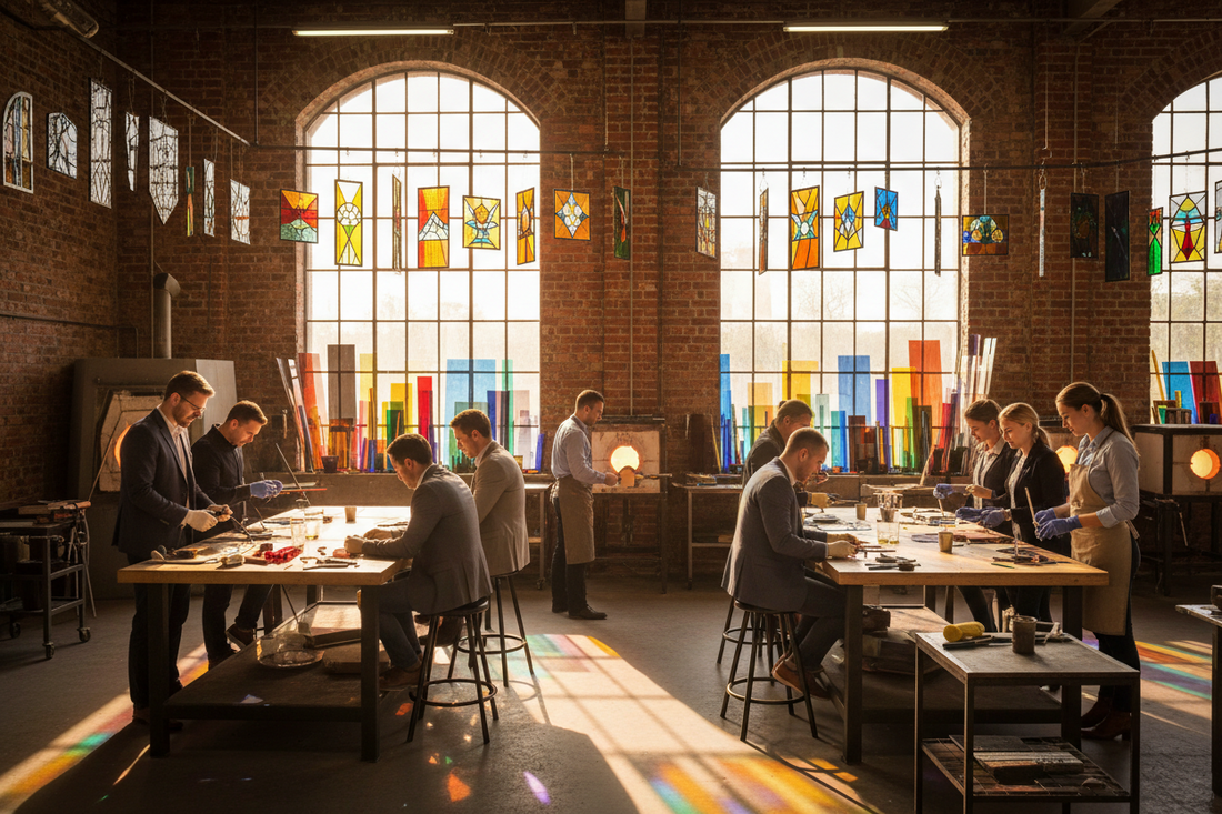 Corporate team building group creating glass art together at a workshop studio in Irvine, Orange County