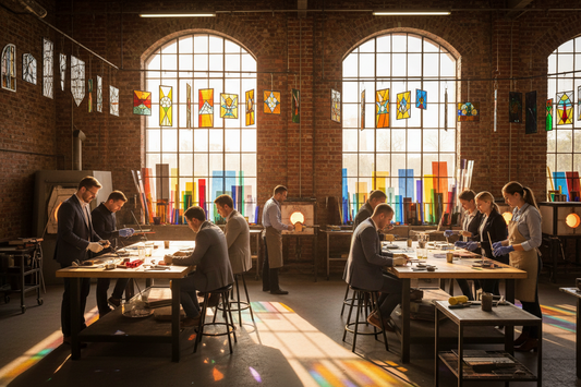 Corporate team building group creating glass art together at a workshop studio in Irvine, Orange County