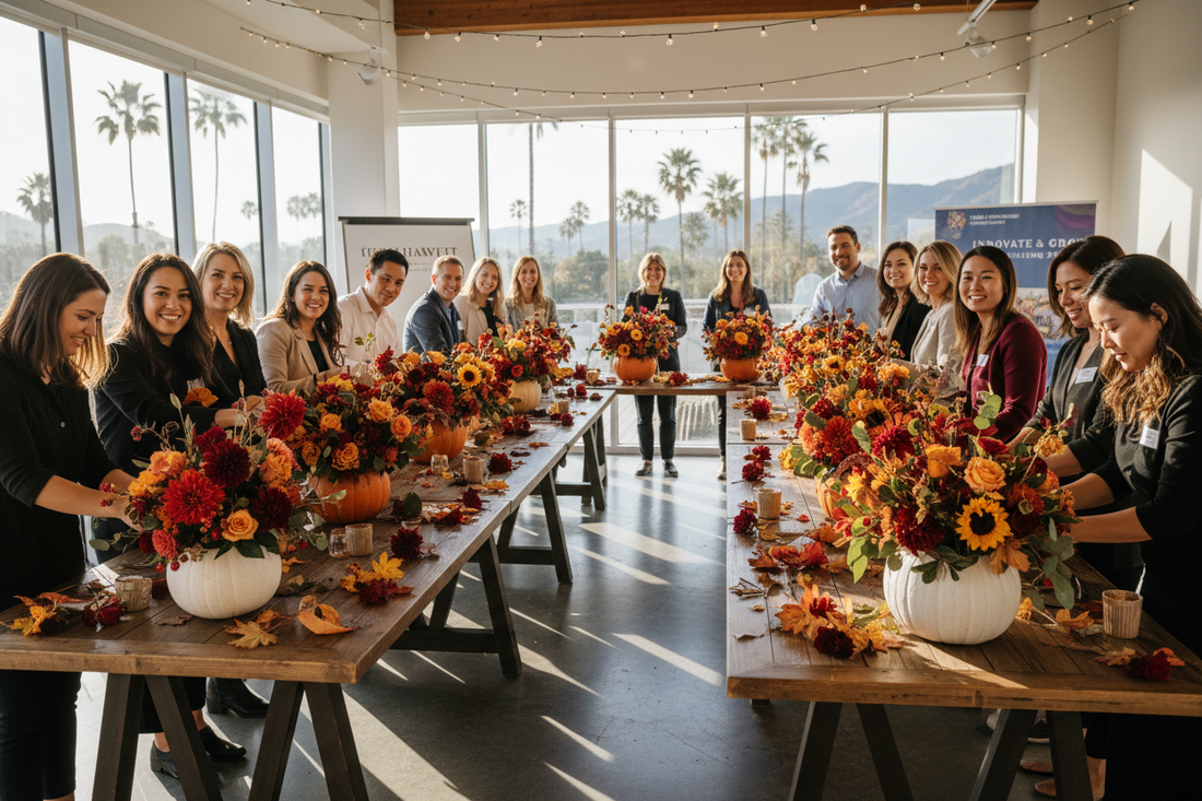 corporate team building pumpkin floral workshop in Irvine, Orange County