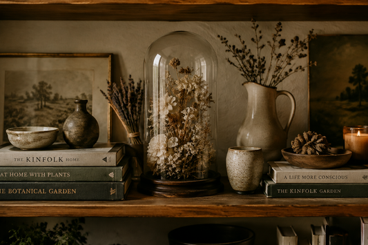 curated clutter shelf styling with glass cloche and dried flowers