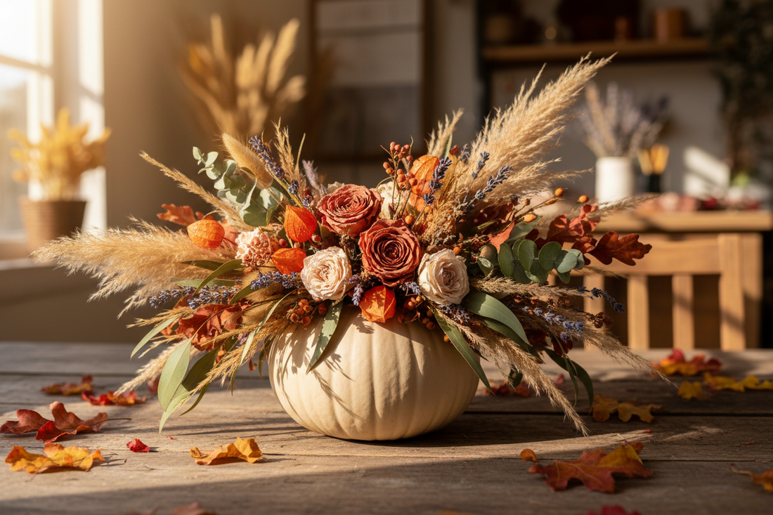 Dried floral pumpkin centerpiece made at a fall workshop in Irvine, California
