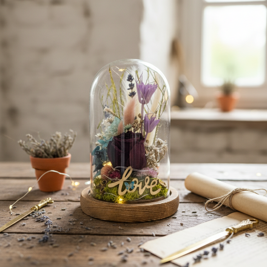 Glass dome with floral arrangement and 'love' text on a wooden table.