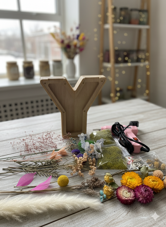 Wooden letter 'Y' on a table with decorative items and a blurred indoor background