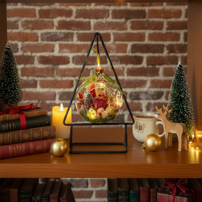 Decorative setup with a lit candle, small Christmas trees, and books against a brick wall.