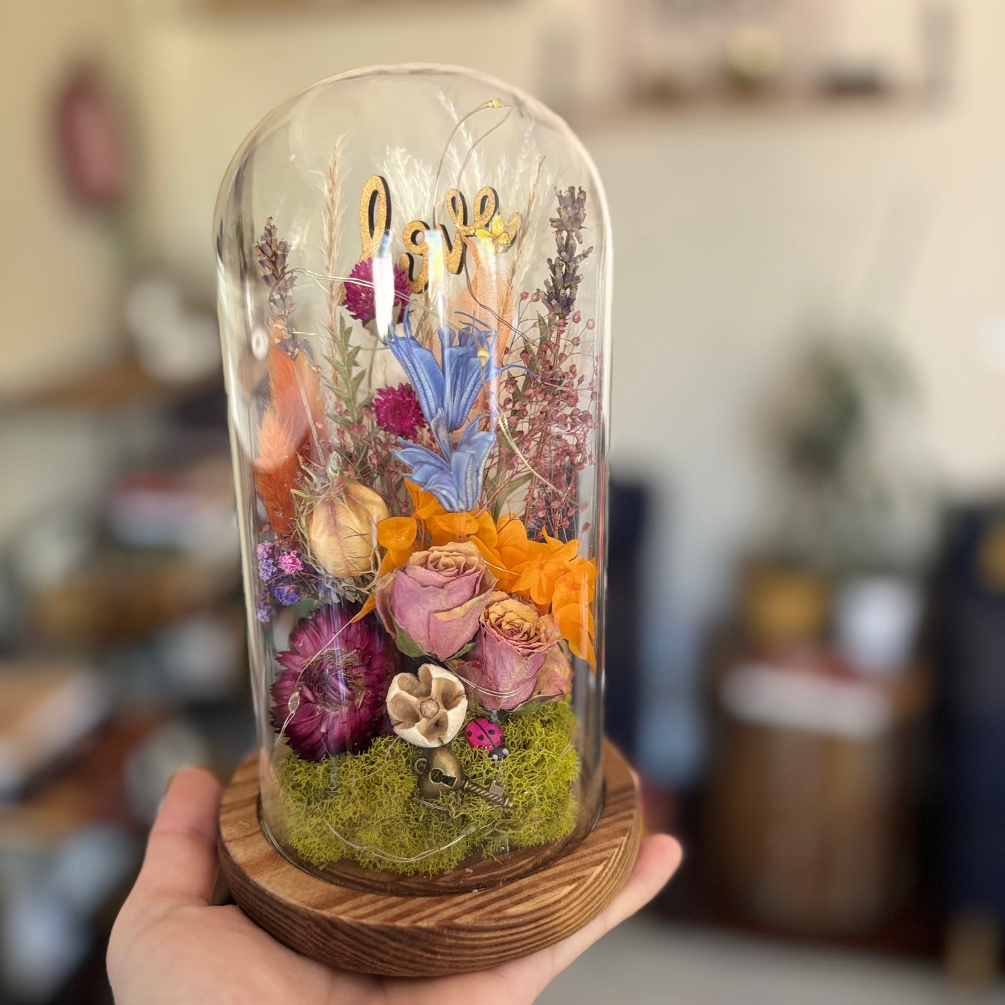 Glass dome with preserved flowers and a butterfly held by a hand in an indoor setting.