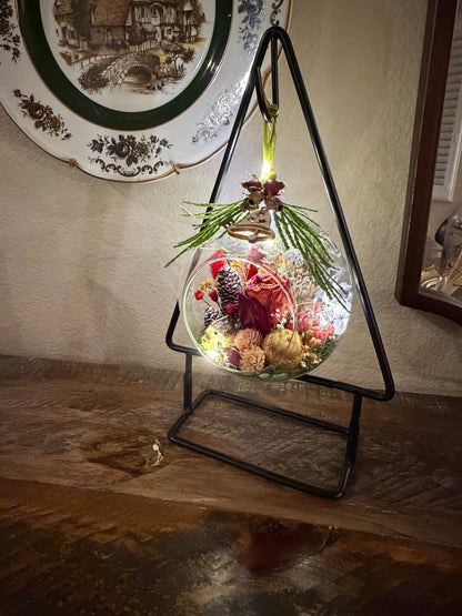 Decorative glass sphere with plants on a stand against a wall with a decorative plate.